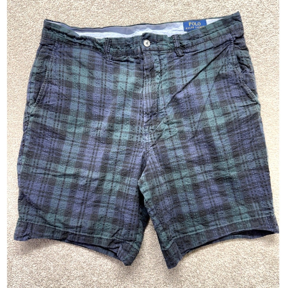 Polo Ralph Lauren Mens Plaid Stretch Classic Fit Shorts Navy Green 34